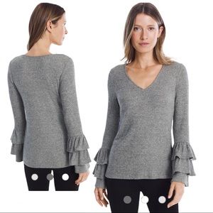 WHBM V-Neck Ruffle Sleeve Gray Knit Sweater
